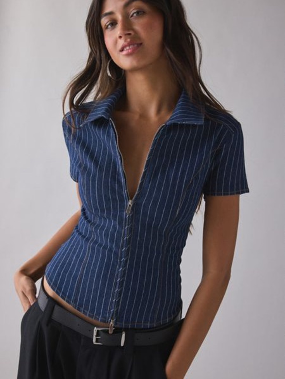 Urban Outfitters Navy Pinstripe Zip-Front Collared Top